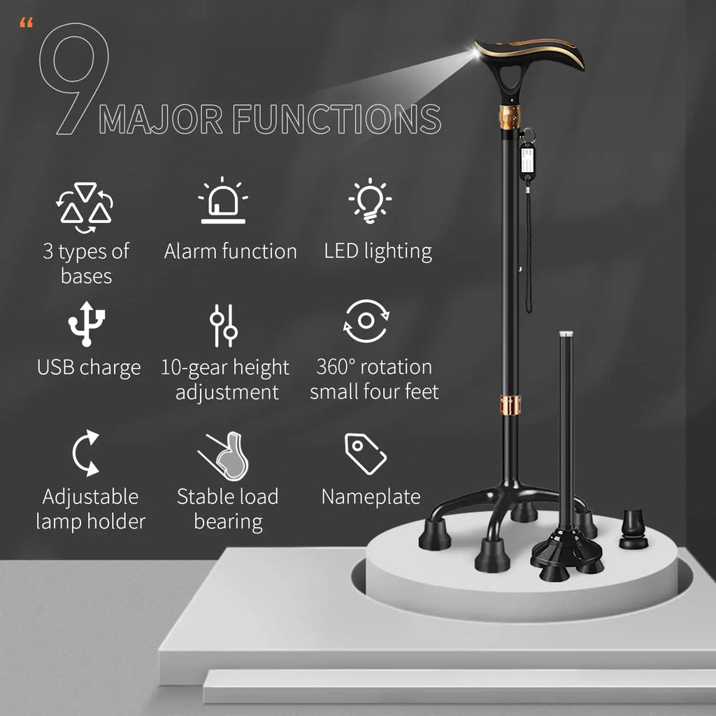 Smart Alarm Walking Cane for Men & Women, Telescopic Adjustable with USB Charge and LED Light, Lightweight Stable