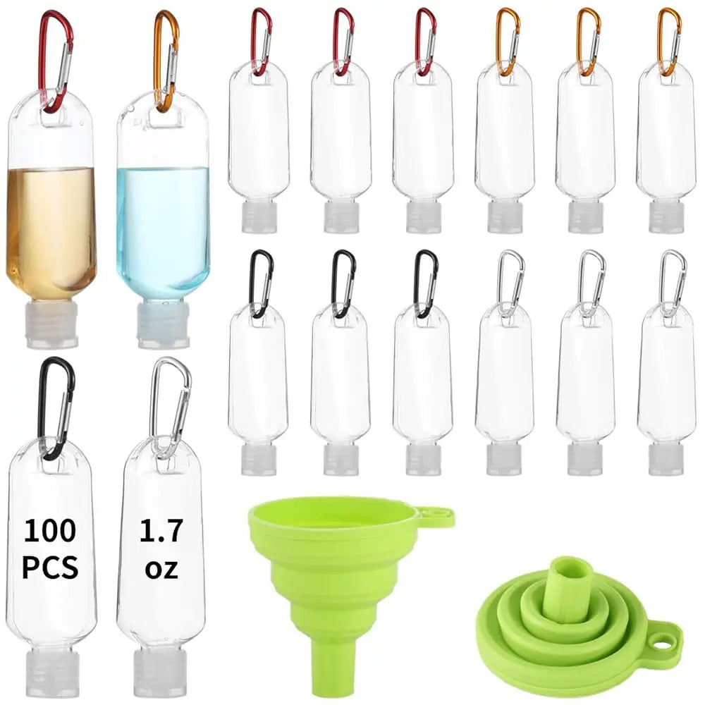 100 PCS Keychain Empty Hand Sanitizer Bottles - 1.7 oz Portable Keychain Travel Bottles, Empty Squeeze Plastic Bottle with Fl