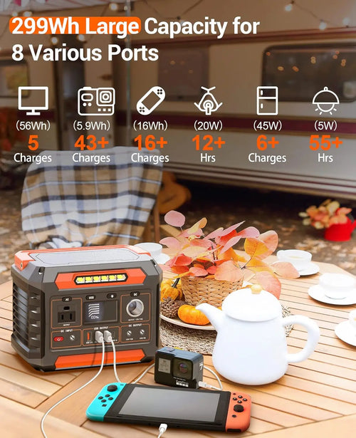 300W Portable Power Station 299Wh Solar Generator with AC Outlet Pure Sine Wave for Camping CPAP