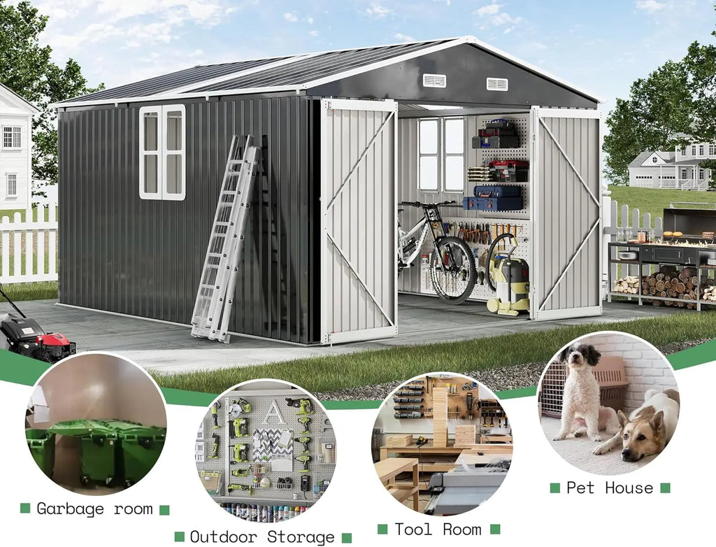 10x12x7 FT Outdoor Storage Shed with 2 Transparent Panels, Metal Garden Shed with Hinged Double Doors, 2 Windows & 4 Vents, Rein