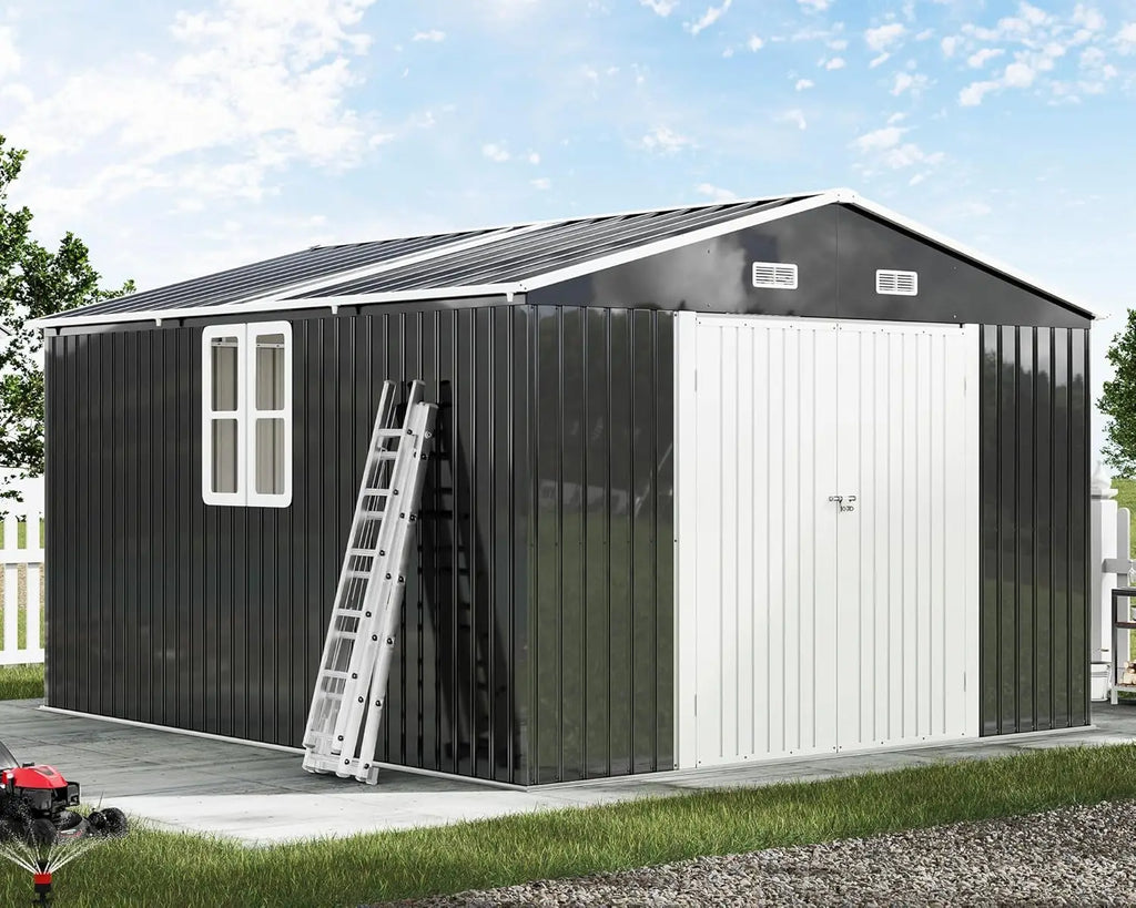 10x12x7 FT Outdoor Storage Shed with 2 Transparent Panels, Metal Garden Shed with Hinged Double Doors, 2 Windows & 4 Vents, Rein