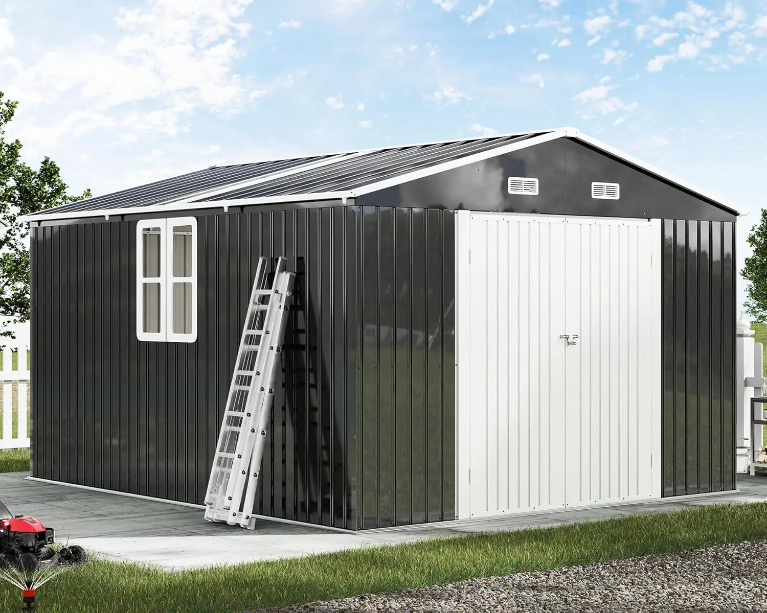 10x12x7 FT Outdoor Storage Shed with 2 Transparent Panels, Metal Garden Shed with Hinged Double Doors, 2 Windows & 4 Vents, Rein