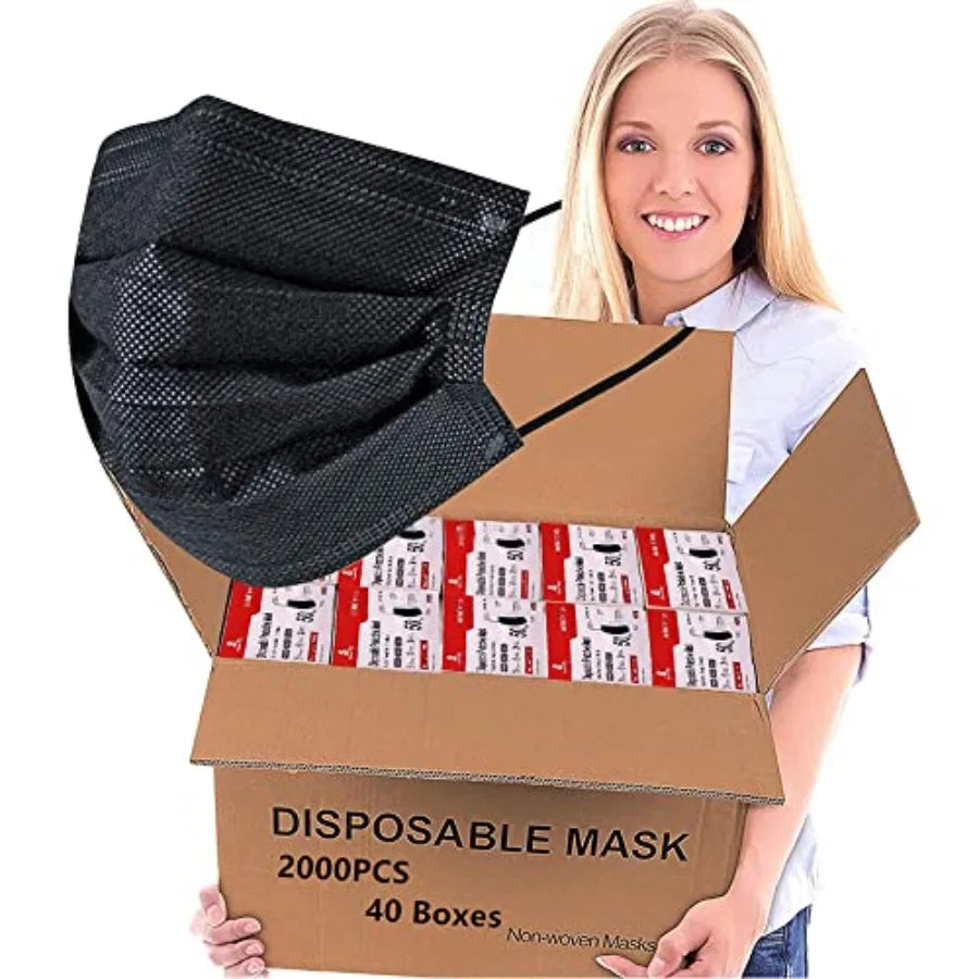 Bulk Black Face Masks 2000 PCS Non Woven Thick 3-Layer with Adjustable Earloop for Daily Use