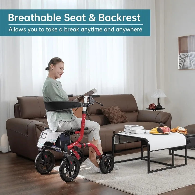 All-Terrain Rollator Walker with Seat, Outdoor Rolling Walker, 12” Non-Pneumatic Tire Front Wheels, Compact Folding Desi