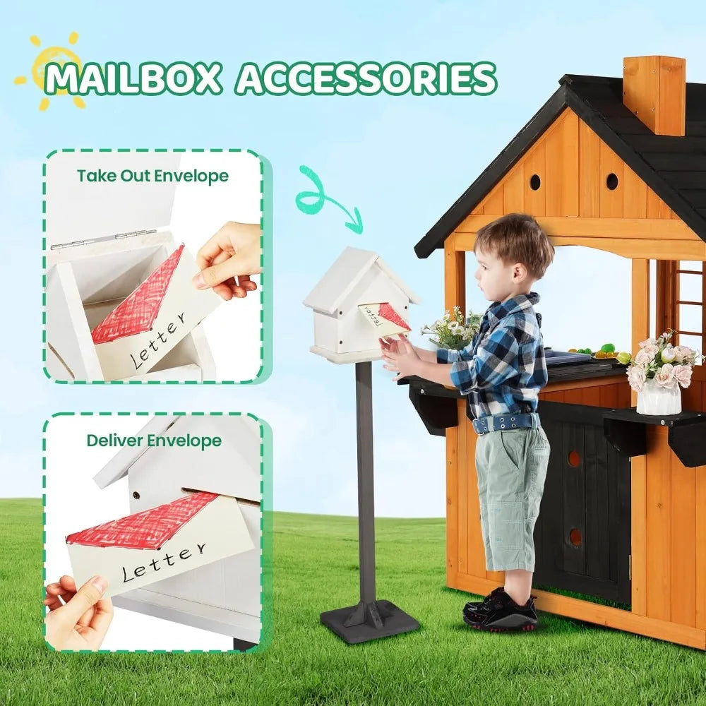 Outdoor Playhouse with Sink Toys, Picnic Table, Mailbox, Spacious Wooden Toddler Playhouse, Customized