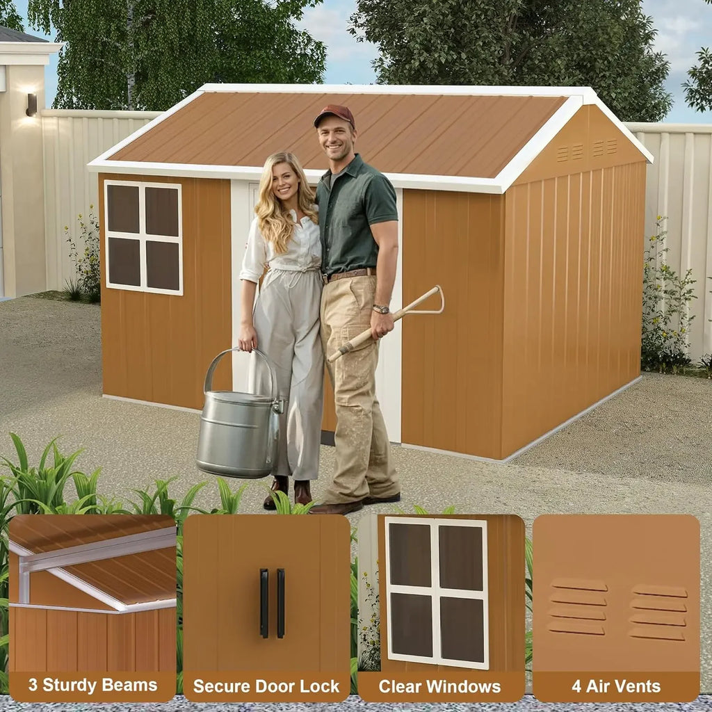10x8 FT Outdoor Steel Storage Shed with Clear Windows, Sliding Lockable Door & Ventilation, Brown and White Weather-Resistant Me