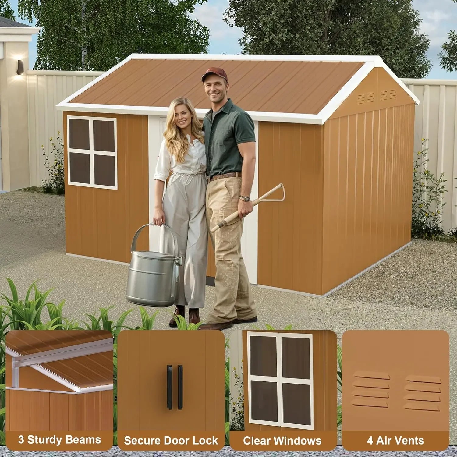10x8 FT Outdoor Steel Storage Shed with Clear Windows, Sliding Lockable Door & Ventilation, Brown and White Weather-Resistant Me