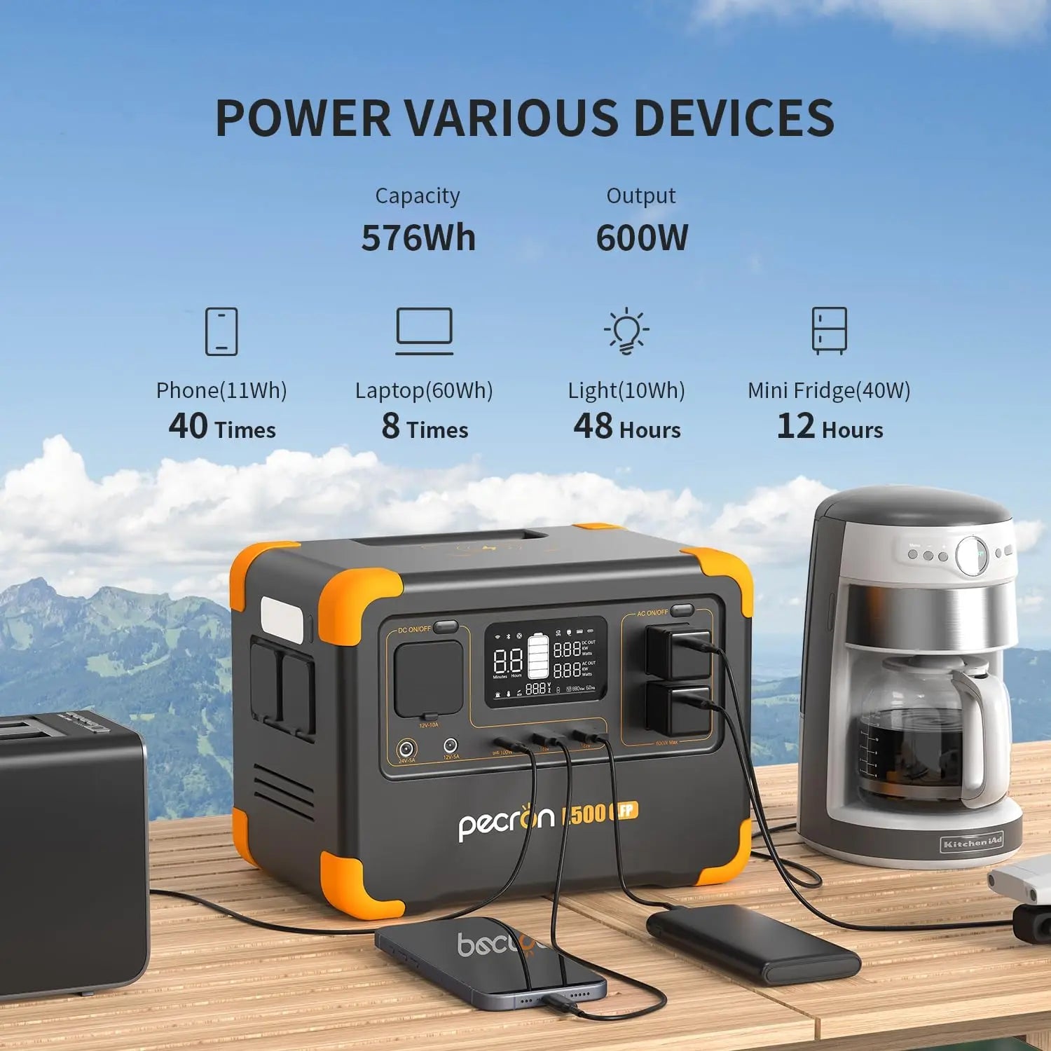 Portable Power Station 576Wh LiFePO4 Battery, 600W AC Outlets Solar Generator for Home Camping RV Emergency
