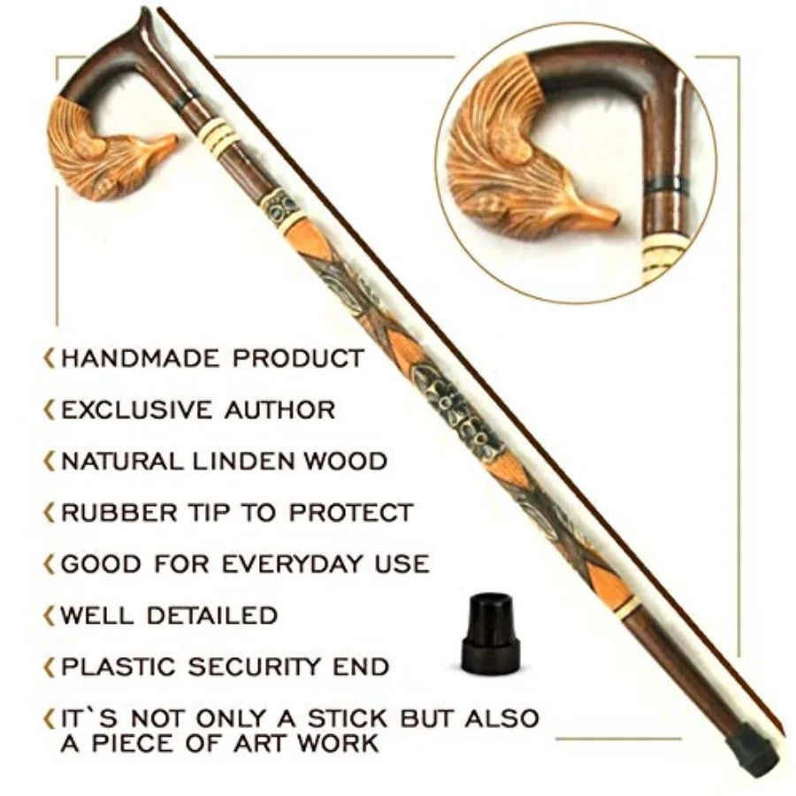 Walking Stick For Women Fox - Wooden Fashionable Walking Cane for Ladies - Hand Carved 36 Inches