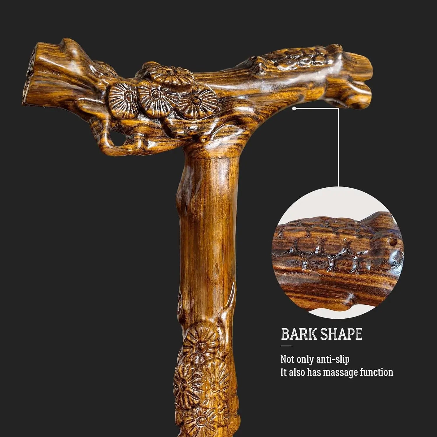 Hand-Carved Wooden Walking Cane with Massage Function, Supports up to 500lbs, High-end Senior Cane Suitable for Gift Giving
