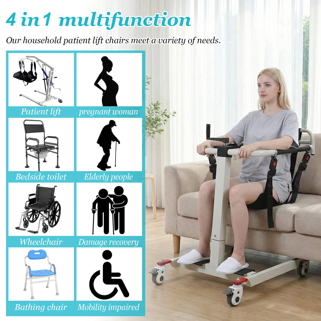 Patient Lift Transfer Chair with Adjustable Height & Width Bedside Commode Transport Chair with Wheels for Elderly and Disabled