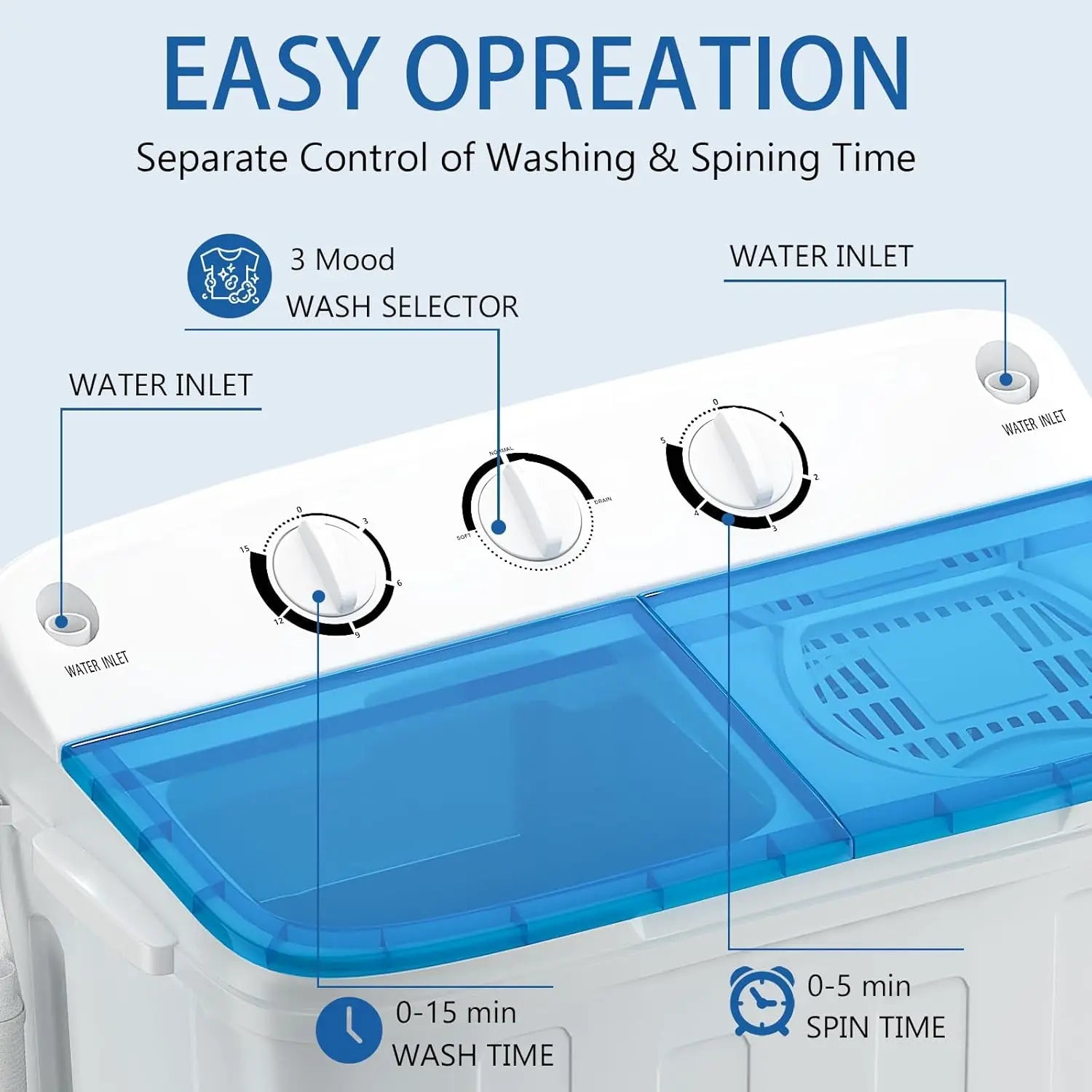 Twin Tub Mini Washing Machine for Dorm, RV, Camping, Apartment - Plastic Material, Free Drying Rack & 10 Hangers, 18lbs Compact