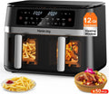 12QT Dual Basket Air Fryer with Viewing Window, Digital Touchscreen, and 50 Paper Liners for Oil-Free Cooking