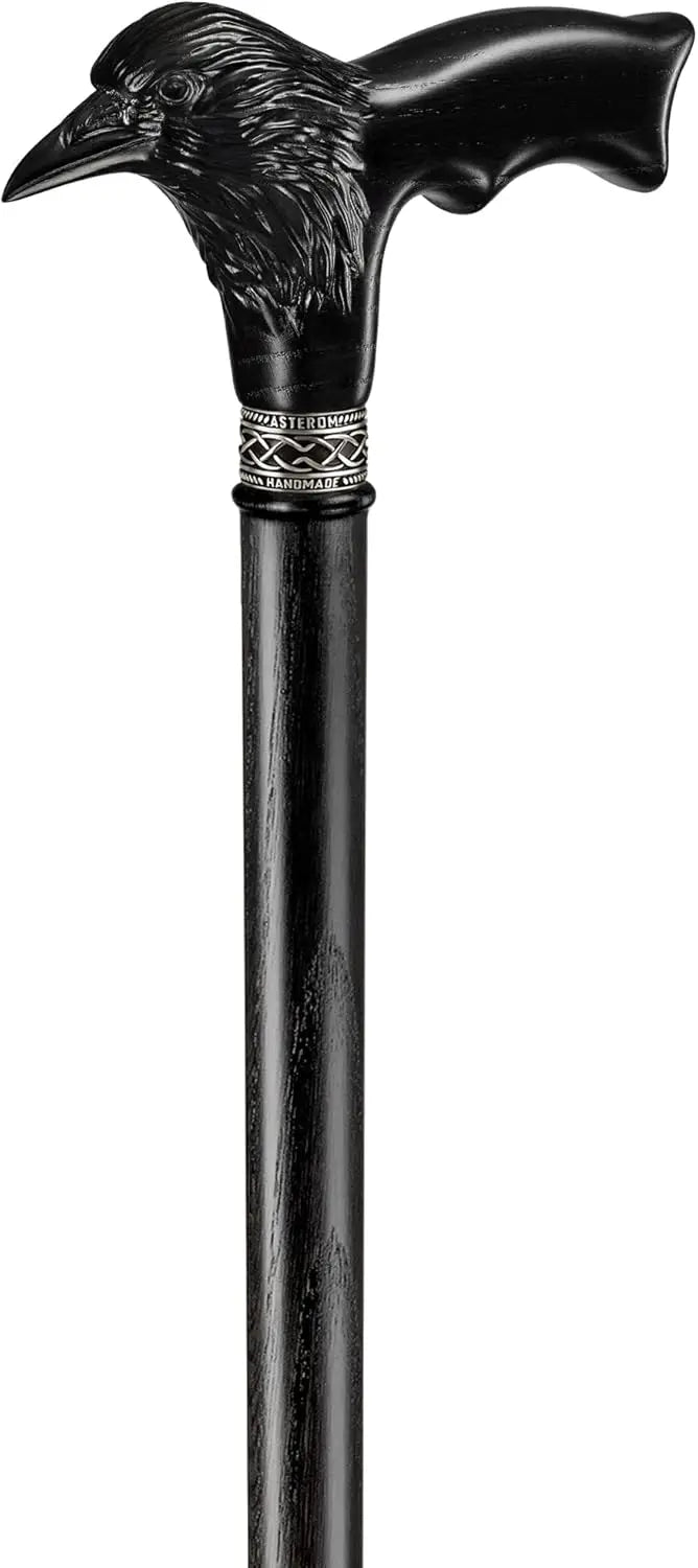 Handmade Wooden Carved Walking Cane for Men and Women - Raven Design Gothic Style Walking Stick
