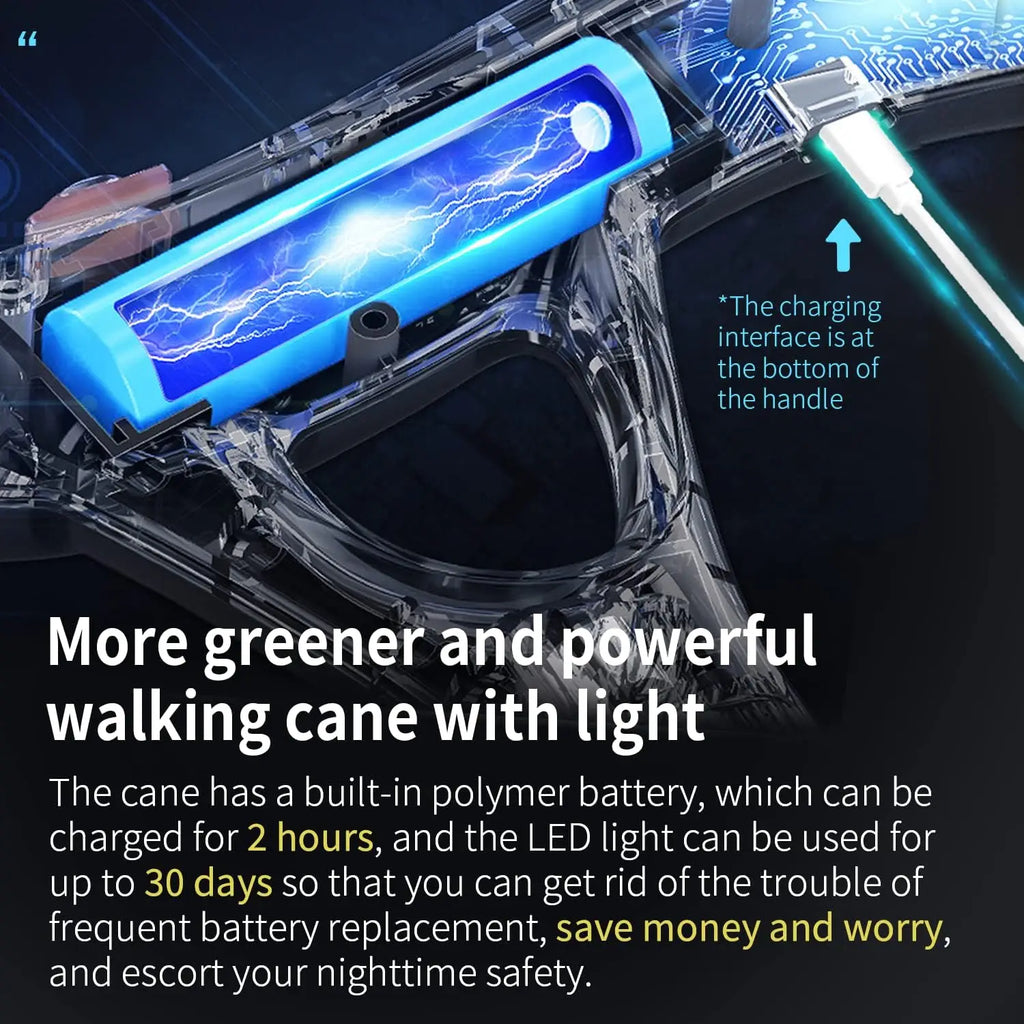 Smart Alarm Walking Cane for Men & Women, Telescopic Adjustable with USB Charge and LED Light, Lightweight Stable