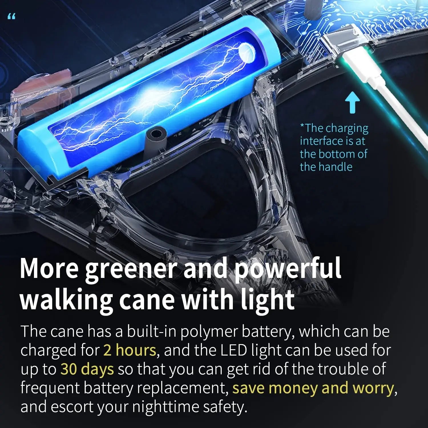Smart Alarm Walking Cane for Men & Women, Telescopic Adjustable with USB Charge and LED Light, Lightweight Stable