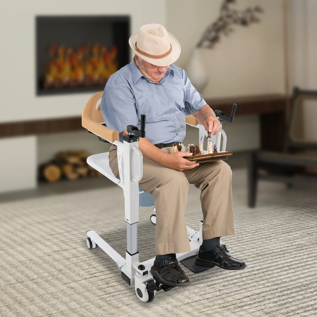 Manual Hand Commode Chair 220.46 lbs Crank Shifting Caregiver Mobility Aid Patient Lift Transfer Machine Seat Elderly Disabled