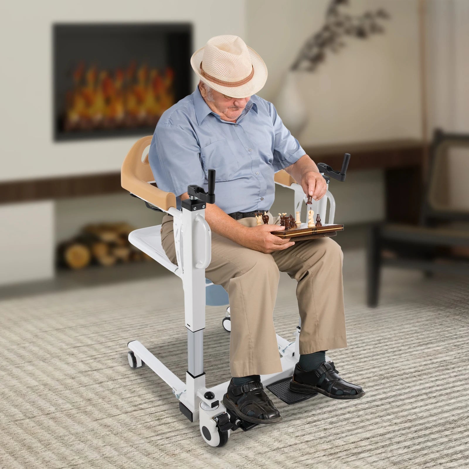 Manual Hand Commode Chair 220.46 lbs Crank Shifting Caregiver Mobility Aid Patient Lift Transfer Machine Seat Elderly Disabled