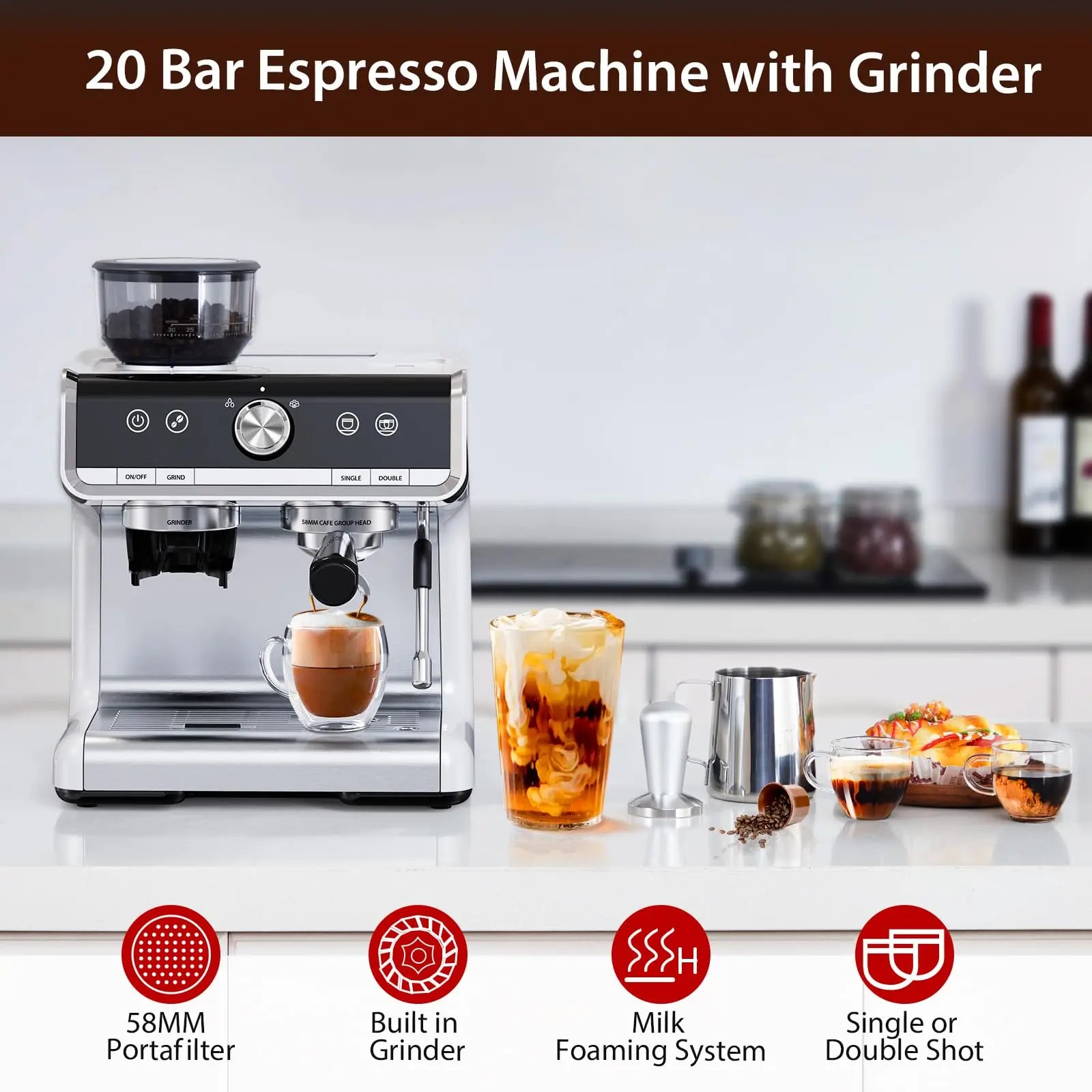 20 Bar Semi-Automatic Coffee Maker Professional Coffee Machine With Bean Grinder & Steam Wand For Home Office