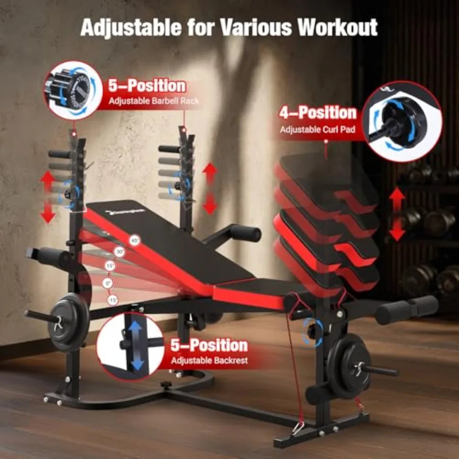 6-in-1 Foldable Weight Bench Set 1695LBS Adjustable Workout Bench with Barbell Rack Curl Pad Bench Press Leg Extension Curl Mac