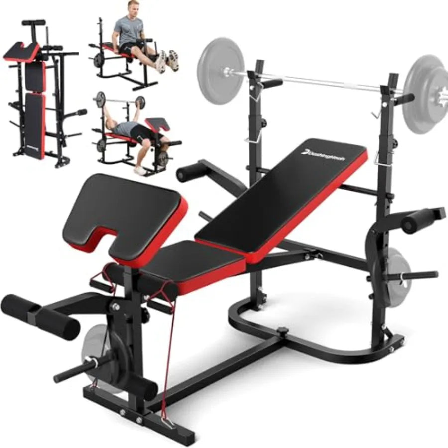 6-in-1 Foldable Weight Bench Set 1695LBS Adjustable Workout Bench with Barbell Rack Curl Pad Bench Press Leg Extension Curl Mac