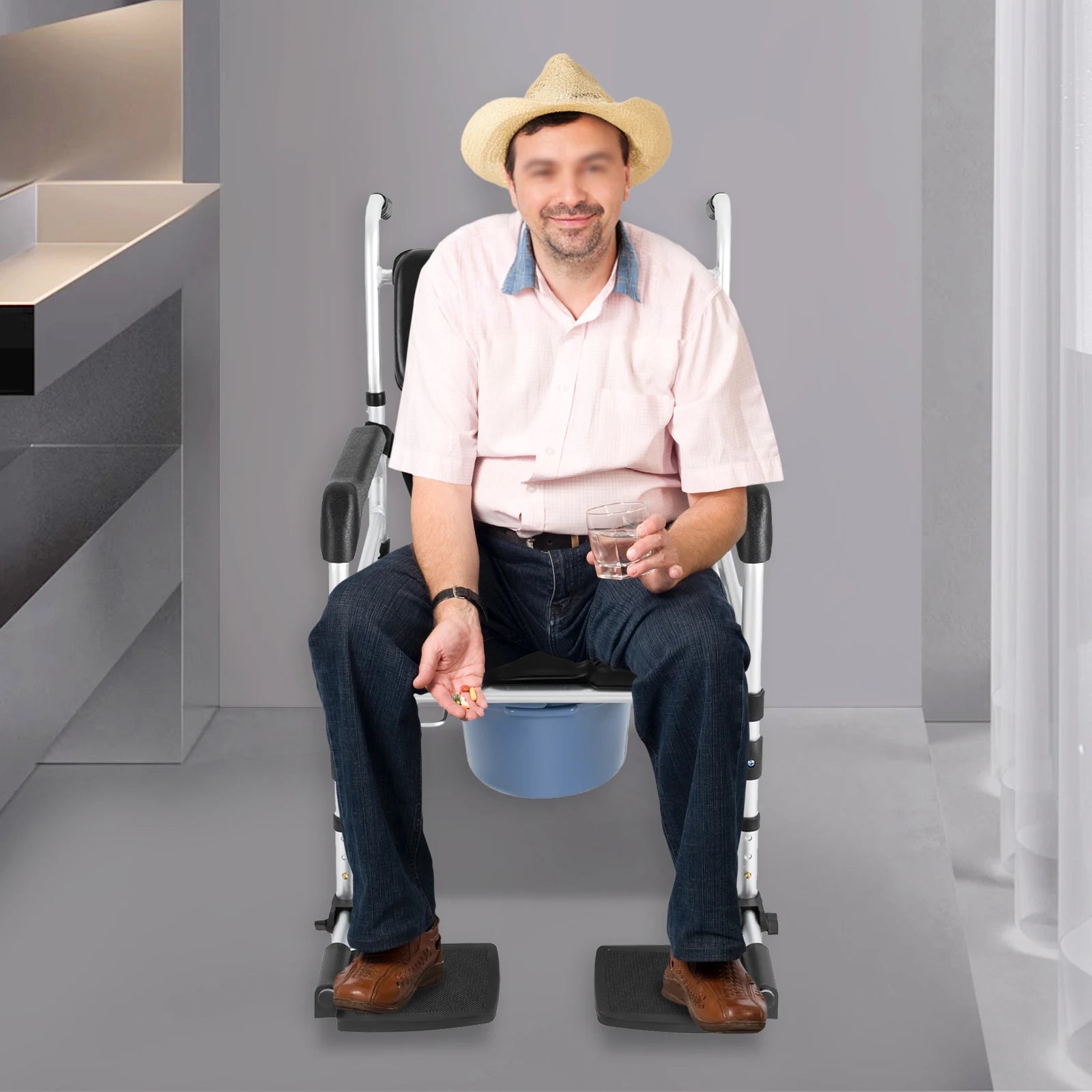 Freestanding Commode, Foldable Chair 18.11-21.26" height adjustable W/ Foot Pedal for Handicap, Elderly, Injured/ Disabled
