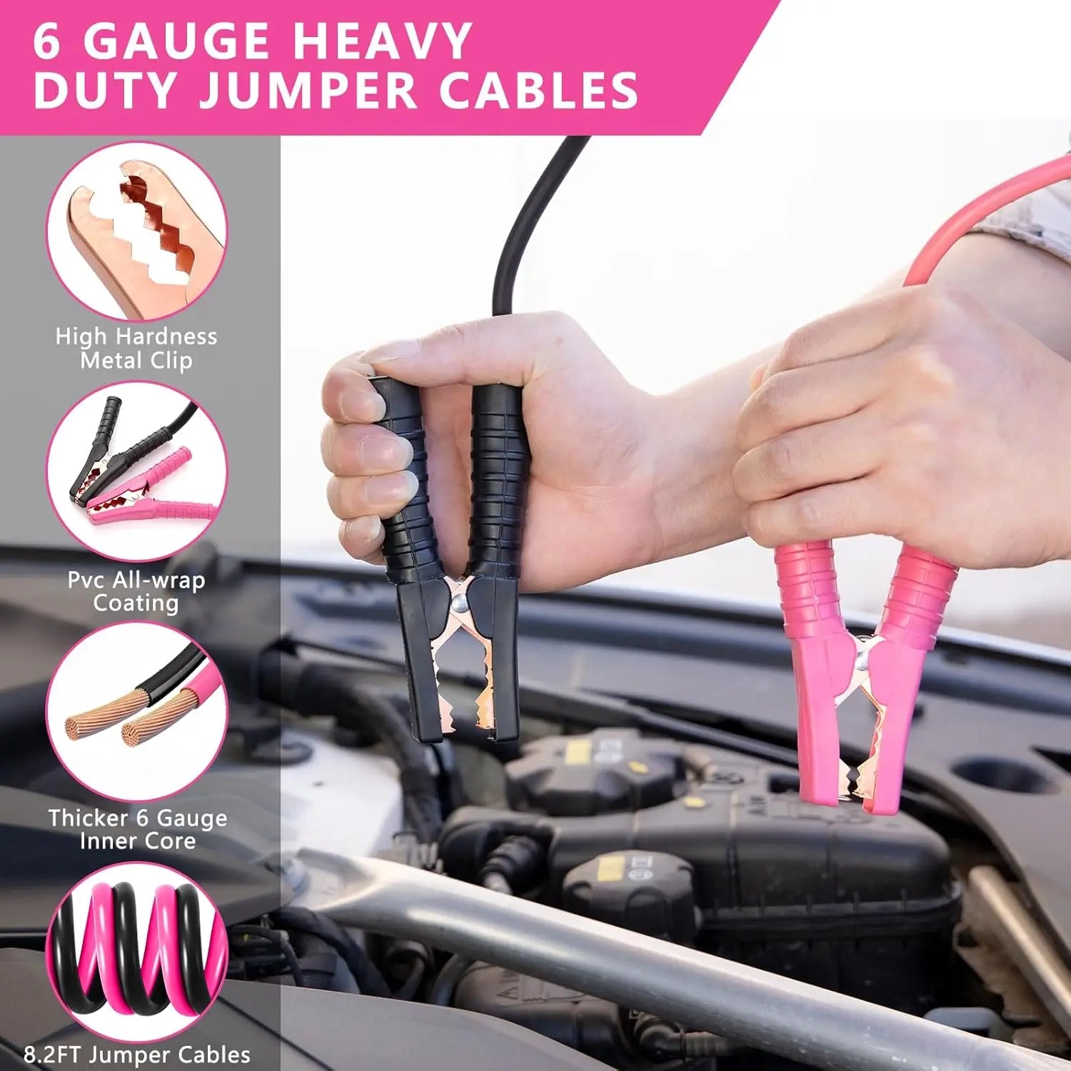 Portable Air Compressor Car Emergency Kit with Jumper Cables, First Aid, Tools & Winter Safety Accessories in Pink