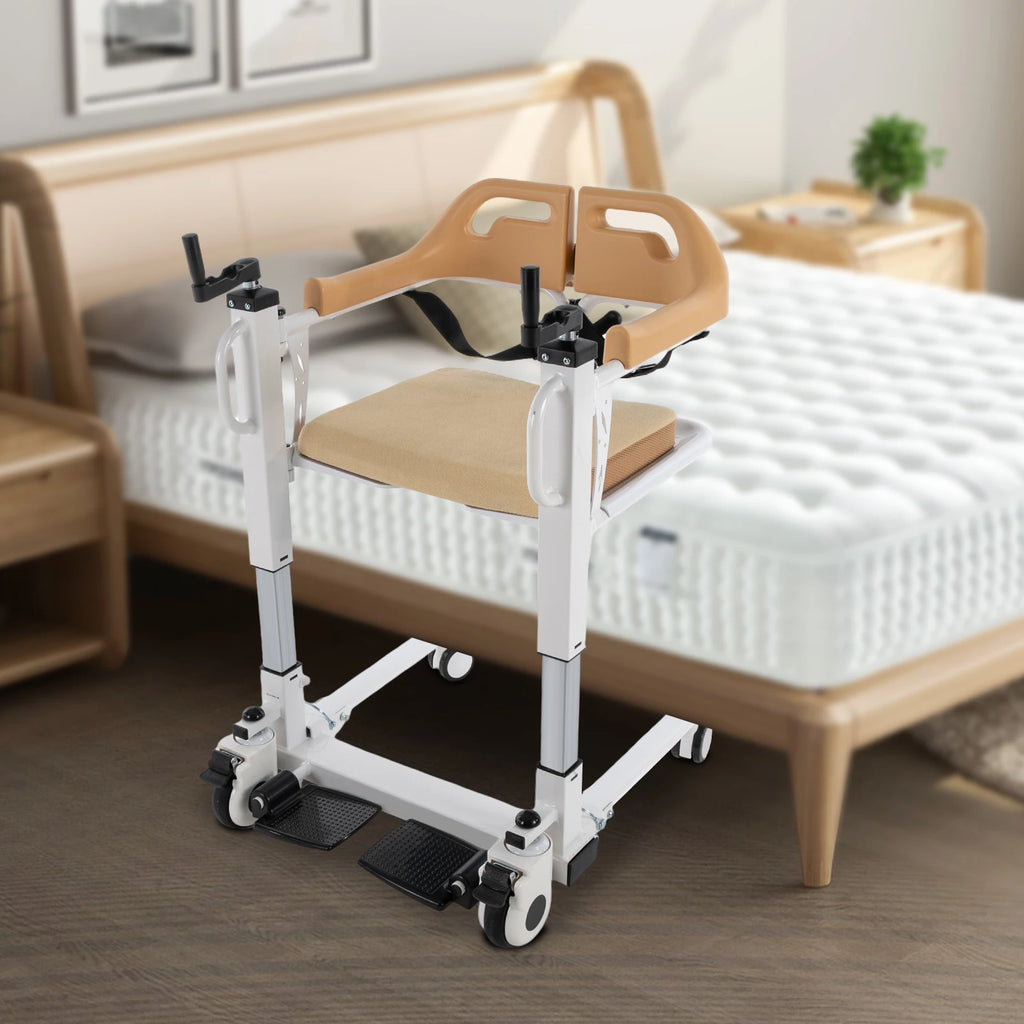Manual Hand Commode Chair 220.46 lbs Crank Shifting Caregiver Mobility Aid Patient Lift Transfer Machine Seat Elderly Disabled