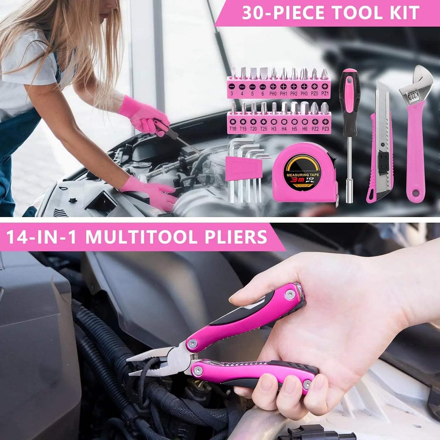 Portable Air Compressor Car Emergency Kit with Jumper Cables, First Aid, Tools & Winter Safety Accessories in Pink