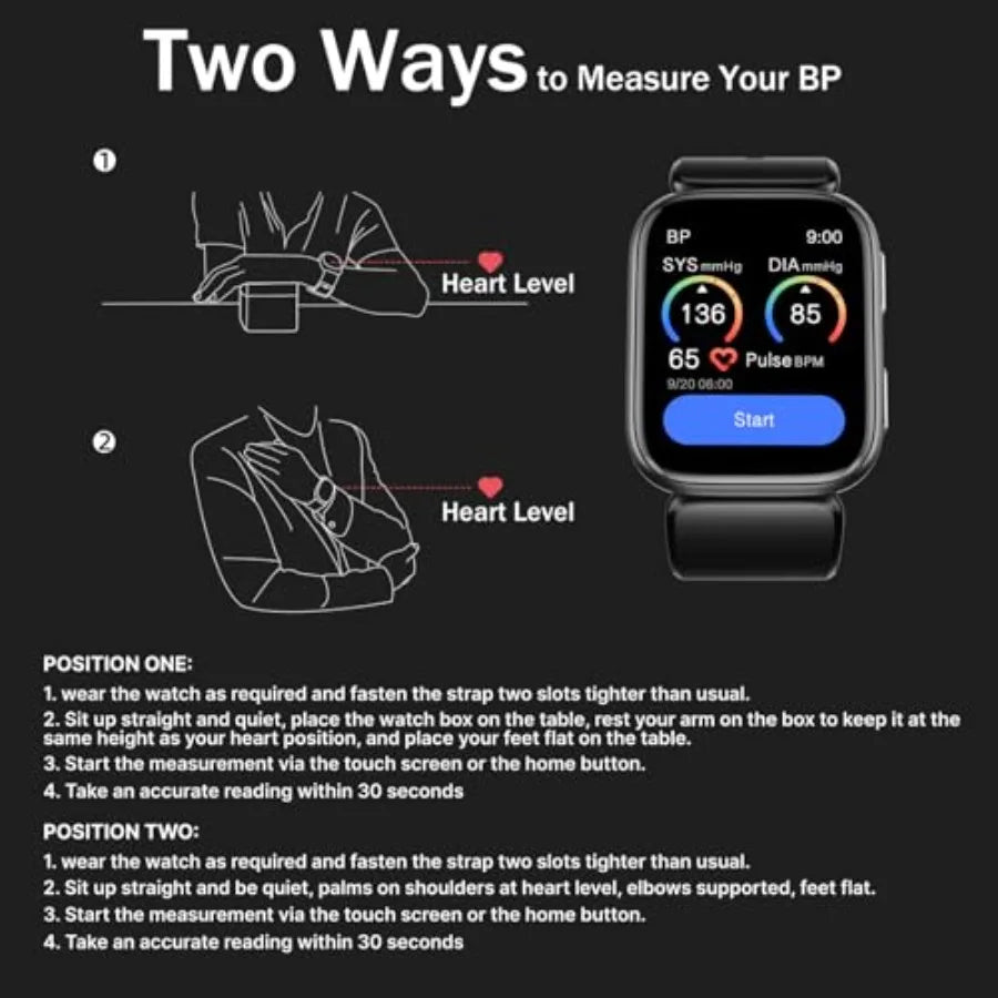 Smart Watch Blood Pressure Monitor 1.95 with Air Pump Cuff Black Sleep Heart Rate Tracking Pedometer Data Sharing Reminder Aler