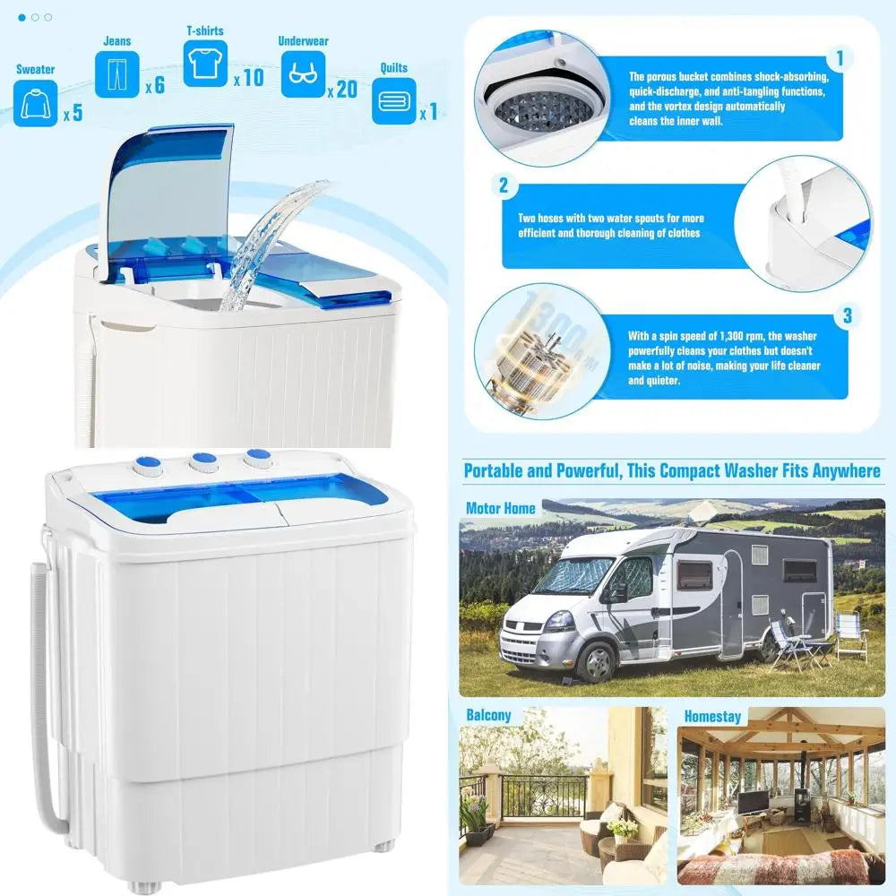 Compact Twin-Tub Washer & Dryer, 16lbs Capacity, 9.6lbs Wash and 6.4lbs Spin, Semi-Automatic, Ideal for Dorms & Apartments, Blue