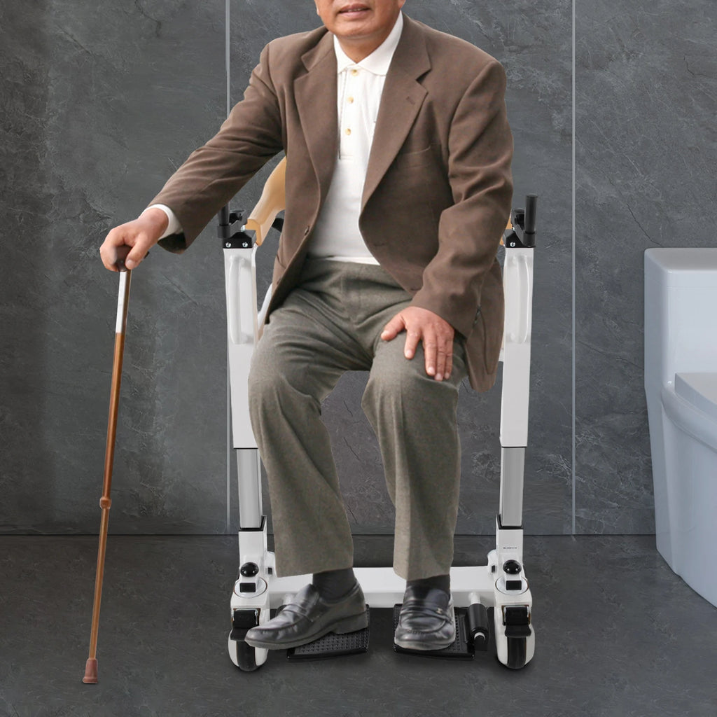 Manual Hand Commode Chair 220.46 lbs Crank Shifting Caregiver Mobility Aid Patient Lift Transfer Machine Seat Elderly Disabled
