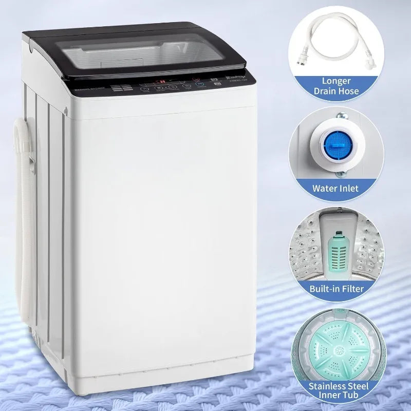 Full Automatic Washing Machine with Drain Pump 30Lbs Capacity Tempered Glass Lid Portable Washer Spinner 8 Programs 5 Water