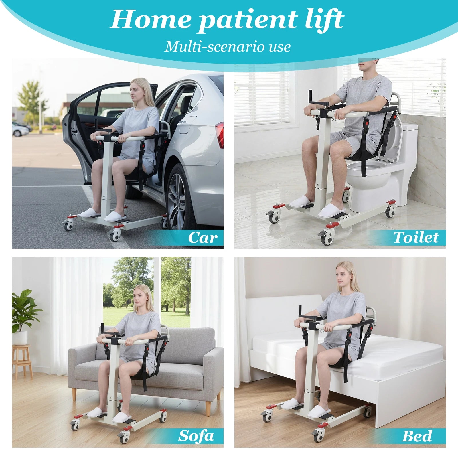 Lightweight Bedside Bathroom Wheelchair with Adjustable Height & Width Patient Transfer Aid with Wheels for Elderly and Disabled