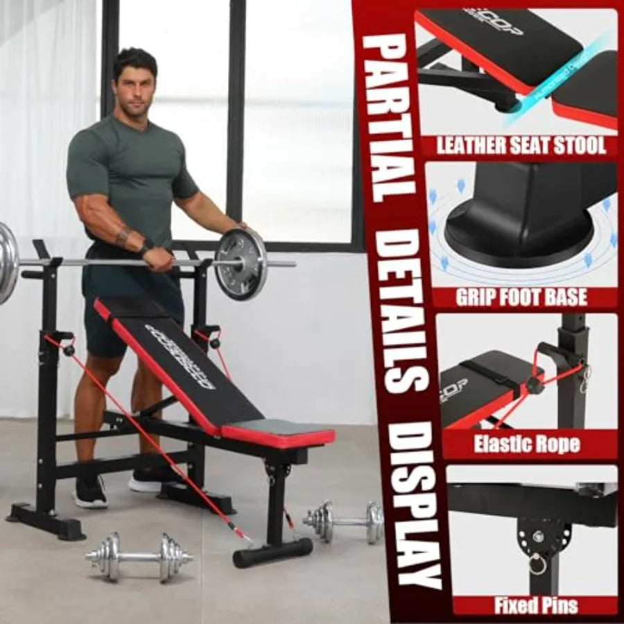 660lbs 6 in 1 Weight Bench Set with Squat Rack Workout Bench with Leg Extension Preacher Curl Rack Multi-Function Bench Press S