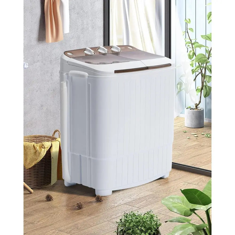 Compact Twin-Tub Portable Washer and Spin Dryer - Ideal for Dorms, Apartments, RVs, and Camping (White & Brown)
