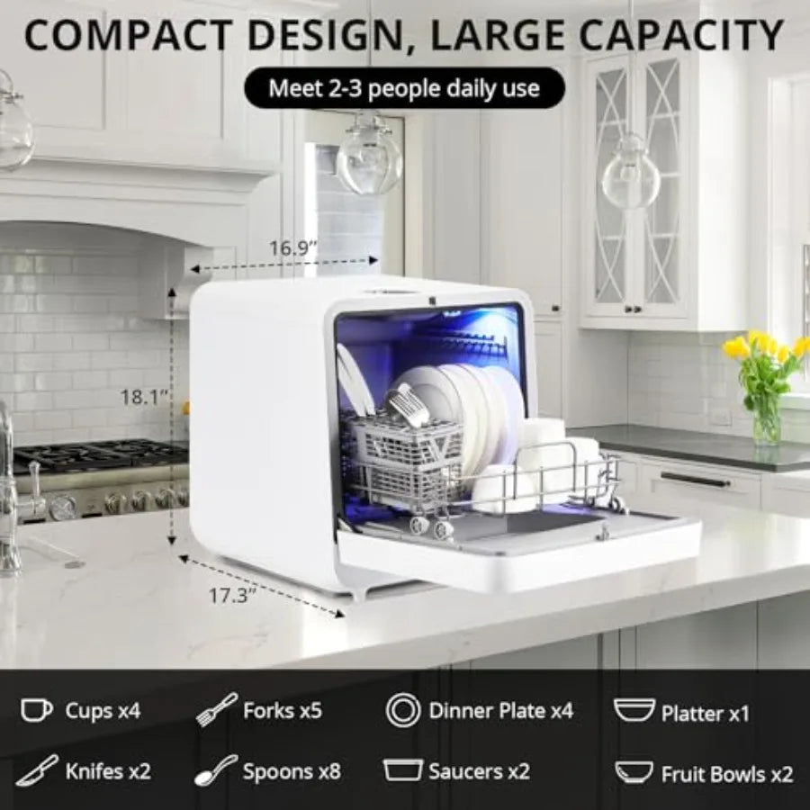 Portable Countertop Dishwasher with with 5L Built-in Water Tank6 Washing Programs 2 Water Inlet Methods 3 Spray Arms Low Noice