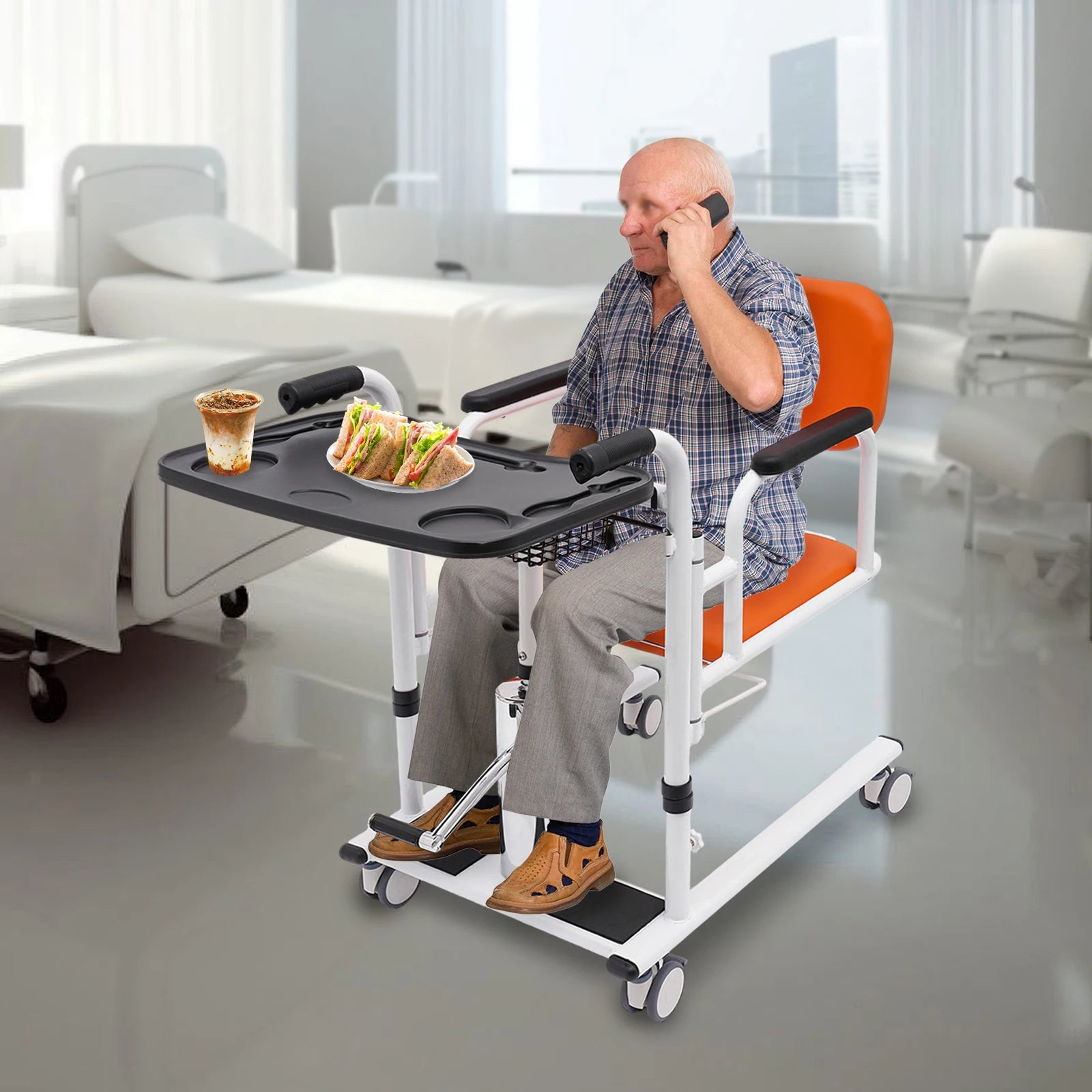 Hydraulic Patient Lift Nursing Chair 4 in 1 Shower Seat Transport Wheelchair 180° Open & Close, Adjustable Height Transfer Aid