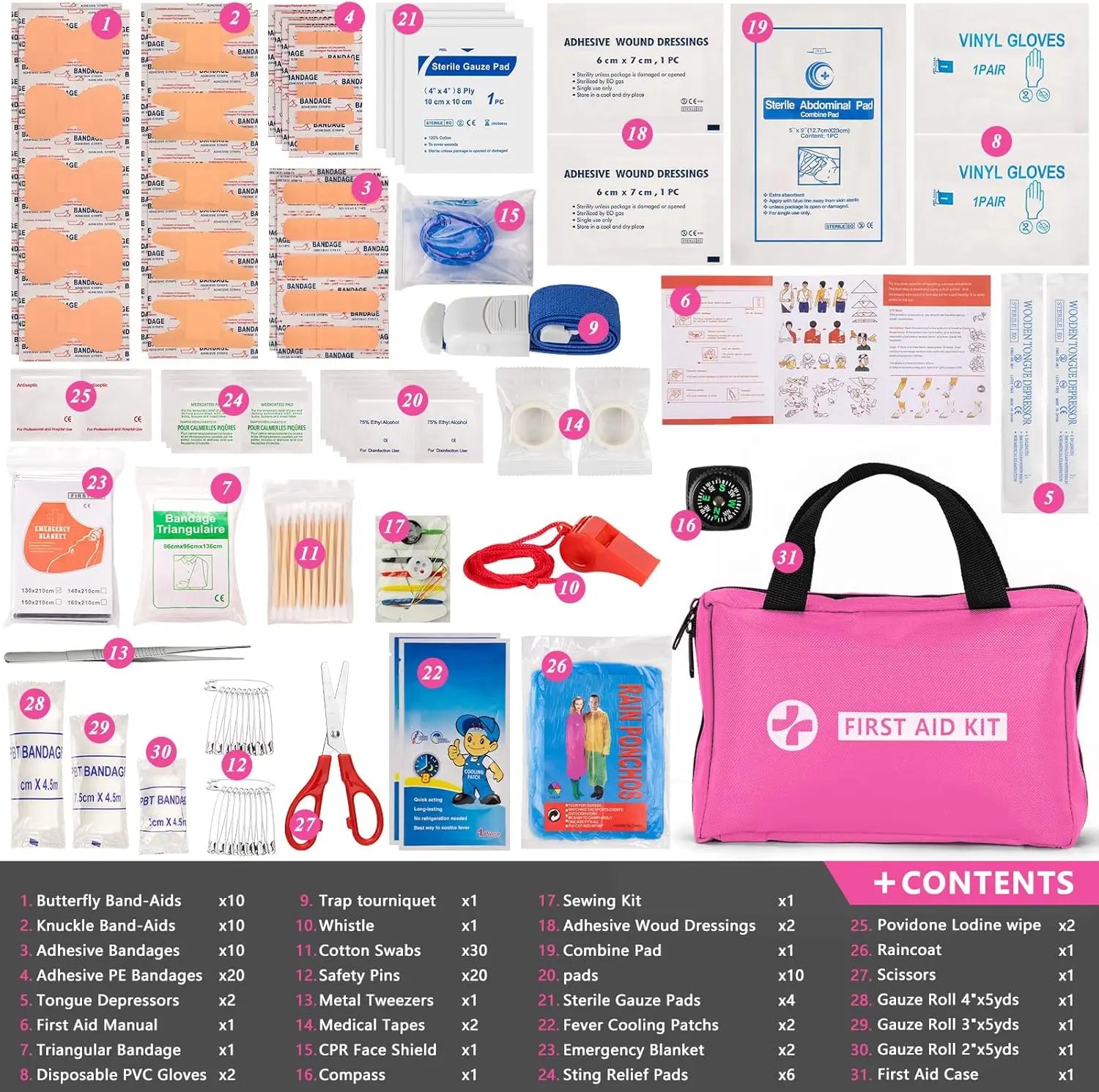 Portable Air Compressor Car Emergency Kit with Jumper Cables, First Aid, Tools & Winter Safety Accessories in Pink