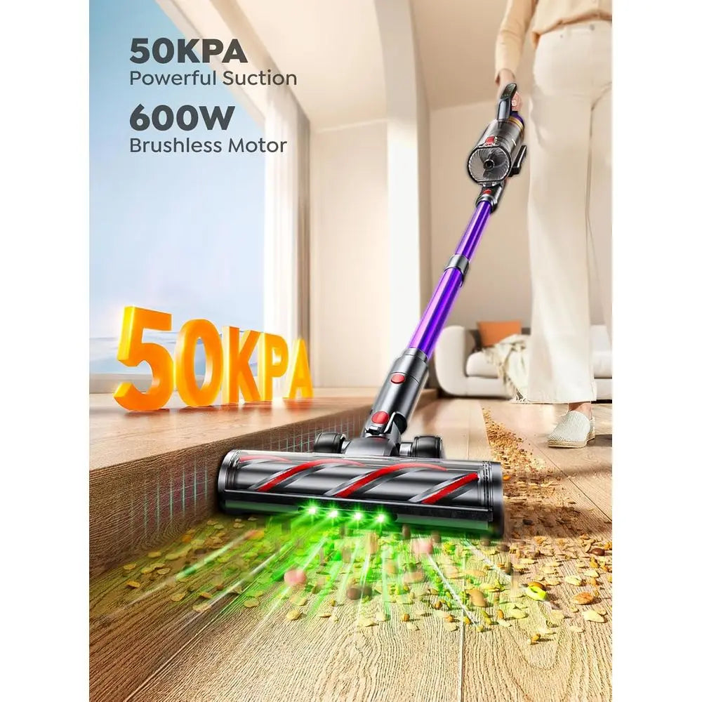 Cordless Vacuum Cleaner, 600W 50KPA 65 Mins Vacuum Cleaners for Home, Cordless Stick Vacuum with Powerful Suction, Wall Mount Ch