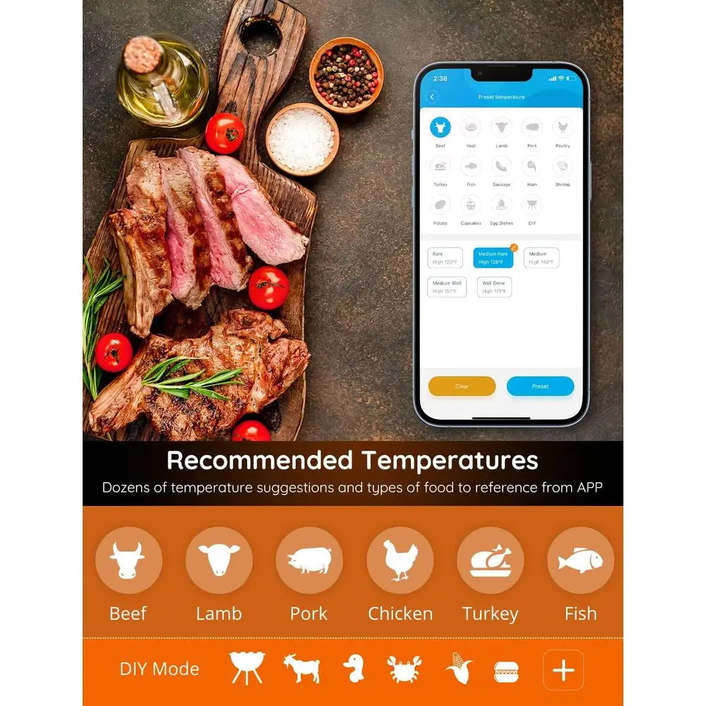 4 Probe Wireless Meat Thermometer with Range App Notification Alert, Digital Rechargeable Bluetooth Food Thermometer for Smoker