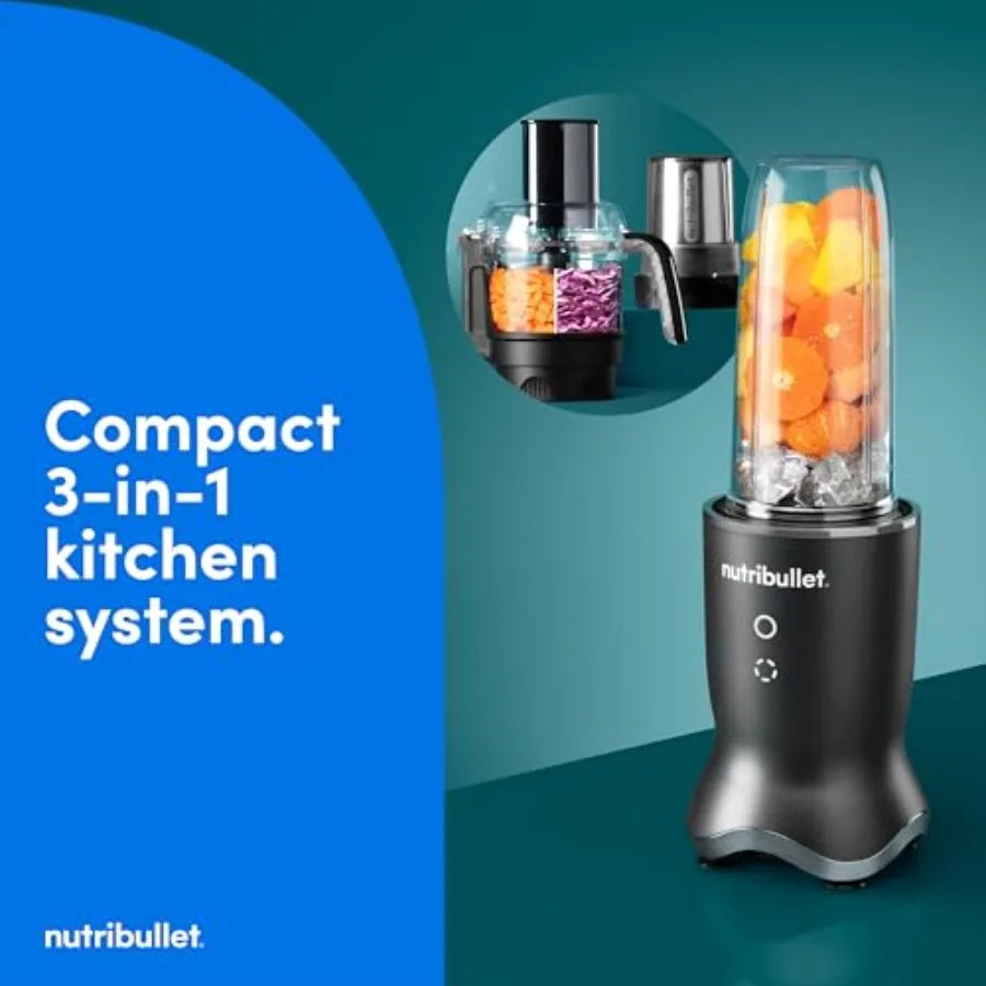 3-1 Compact Kitchen System 1200W with Blender Food Processor Coffee and Spice Grinder Gunmetal Gray 32oz 24oz Blending Cups 2-C