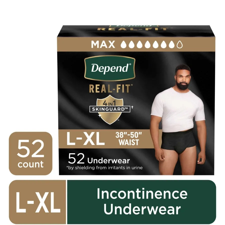 Real Fit Incontinence Underwear for Men Adult Diapers L/XL Black 52 Count Designed for Active Lifestyle Comfort Leak-Proof Prot