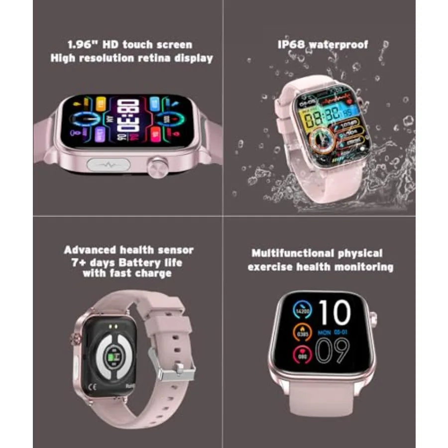 Men's Women's Smart Watch 1.96-inch HD Touchscreen Fitness Tracker with 100+ Sports Modes Blood Pressure Heart Rate Blood Oxyge