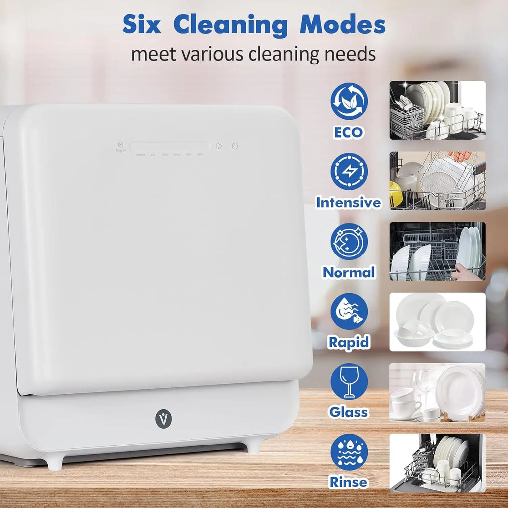 Portable Dish Washer Countertop with Faucet & Manual 5L Water Tank Modes Water Inlet Compact with More Space Inside 6 Programs