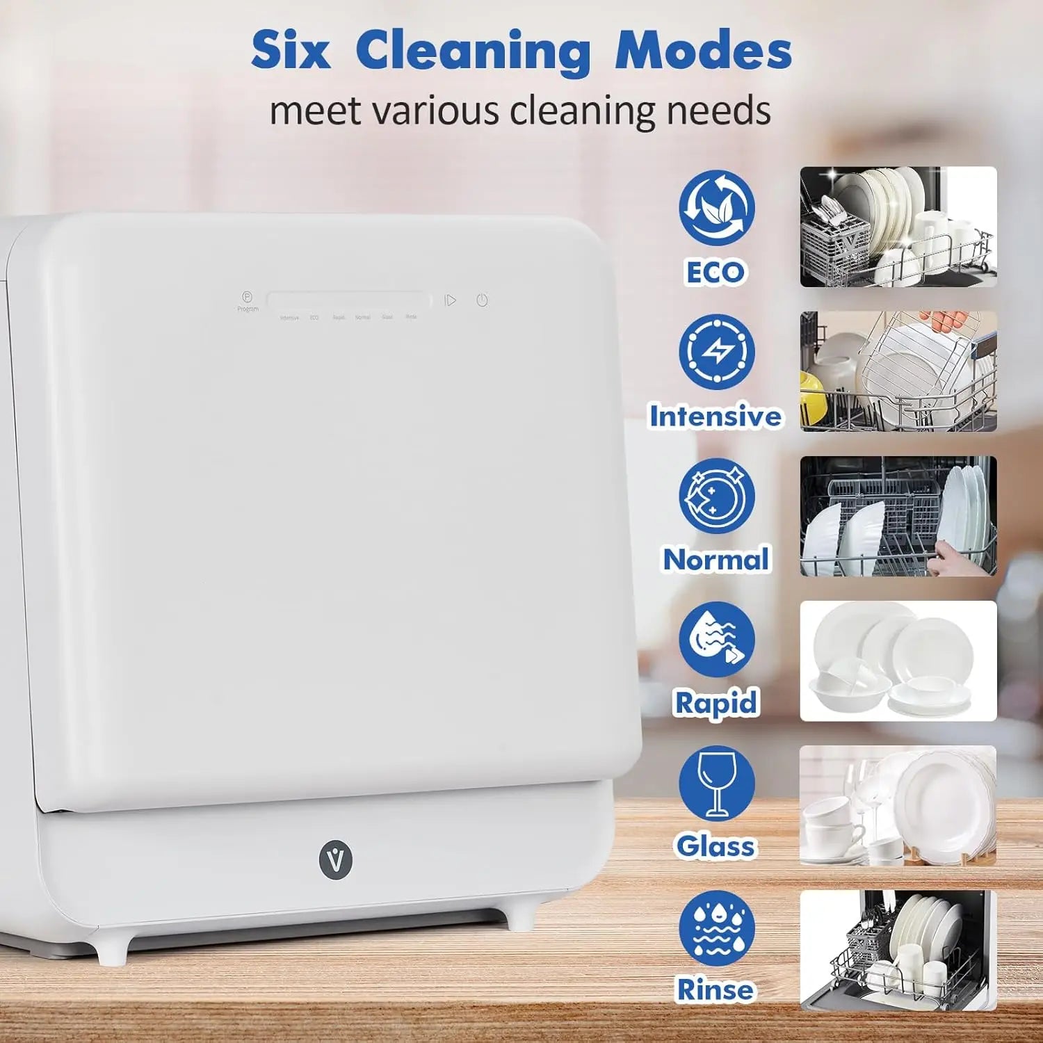 Portable Dish Washer Countertop with Faucet & Manual 5L Water Tank Modes Water Inlet Compact with More Space Inside 6 Programs
