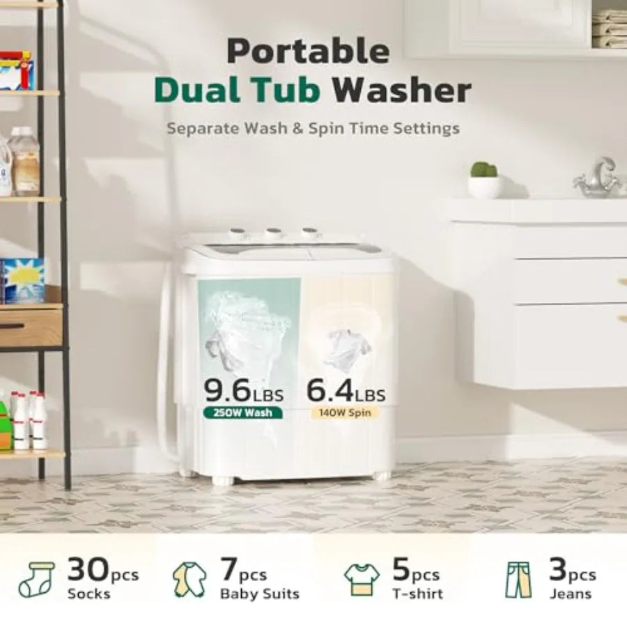Portable 16 Lbs Compact Mini Washer and Dryer Combo Semi-automatic Twin Tub Laundry Machine with Drain Pump for Dorms rtments R