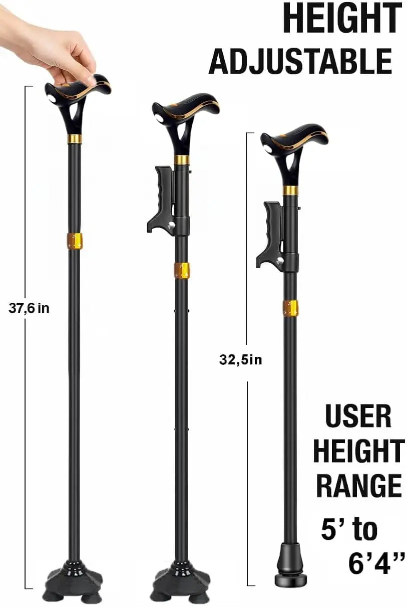 Foldable Adjustable Walking Cane with LED Light & Alarm, USB-C Rechargeable Heavy Duty Mobility Aid for Seniors