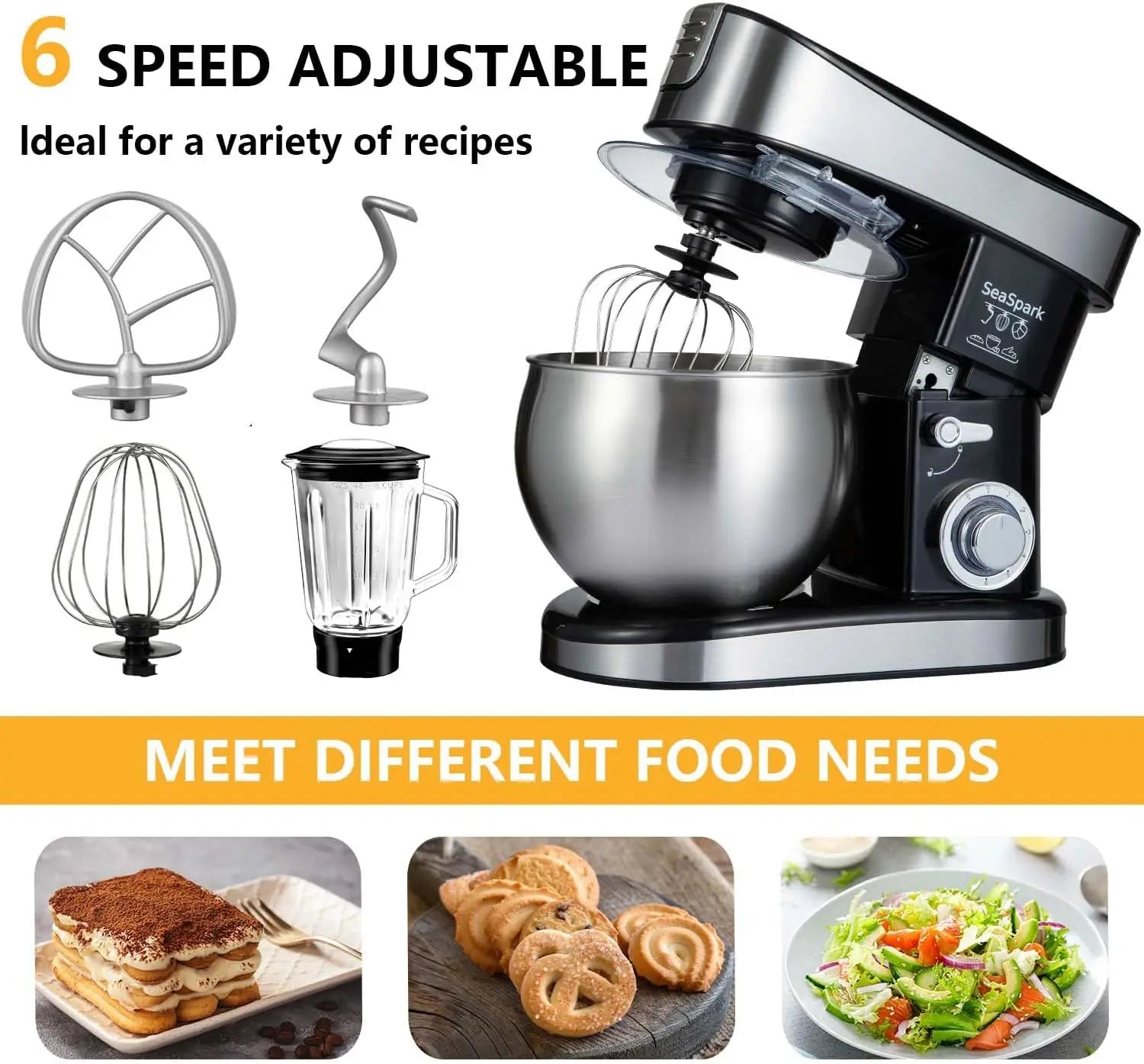 6-in-1 Stand Mixer with 6.3Qt Bowl, Meat Grinder, and Blender for Baking and Home Cooking
