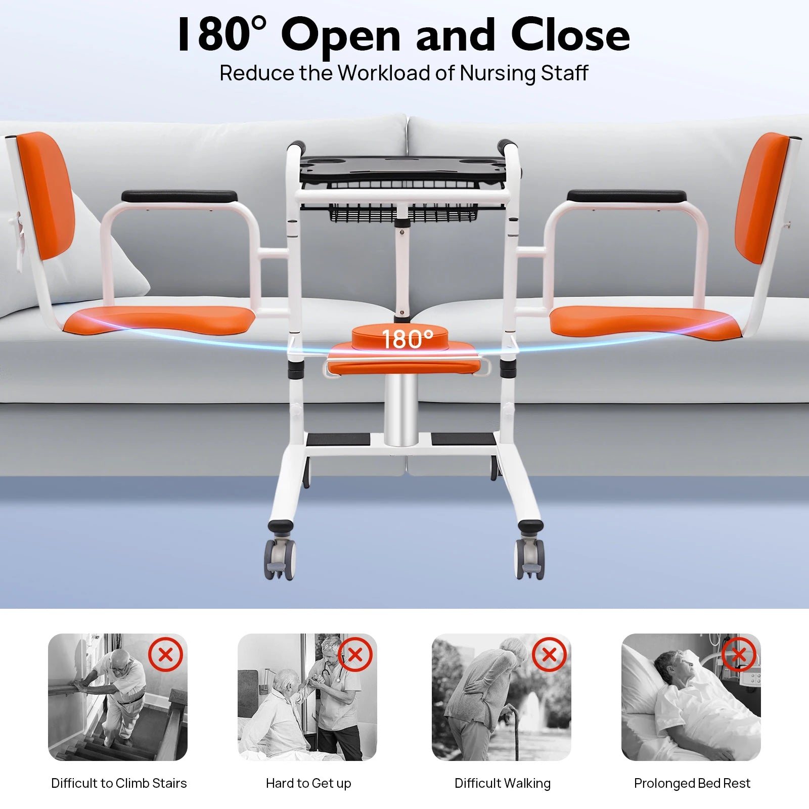 Hydraulic Patient Lift Nursing Chair 4 in 1 Shower Seat Transport Wheelchair 180° Open & Close, Adjustable Height Transfer Aid